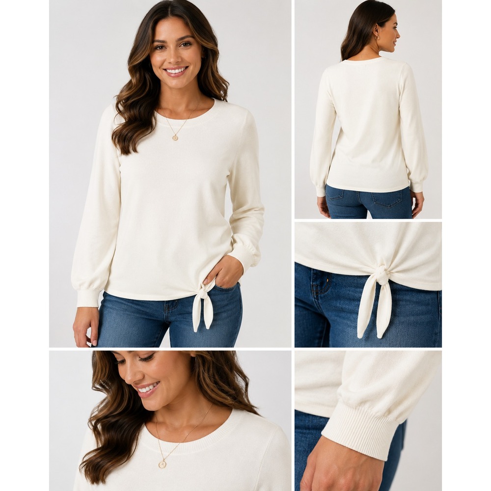 Ecru Sweater Side Tie Knot Cream White Wool Silk Blend Minimalist Size S